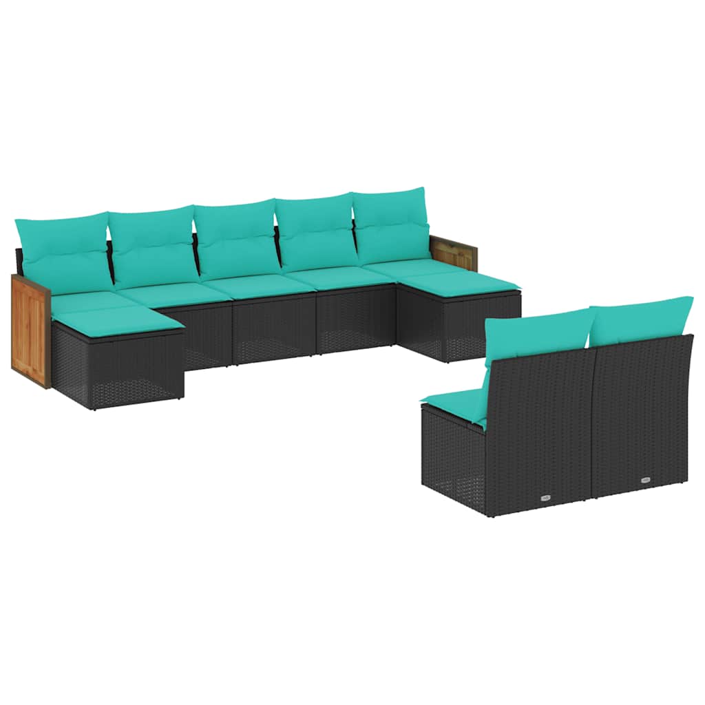 Salon de jardin 9 pcs avec coussins noir résine tressée
