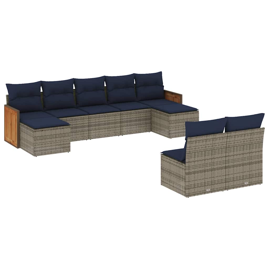 Ensemble de canapé de jardin 9 pcs avec coussins gris résine tressée