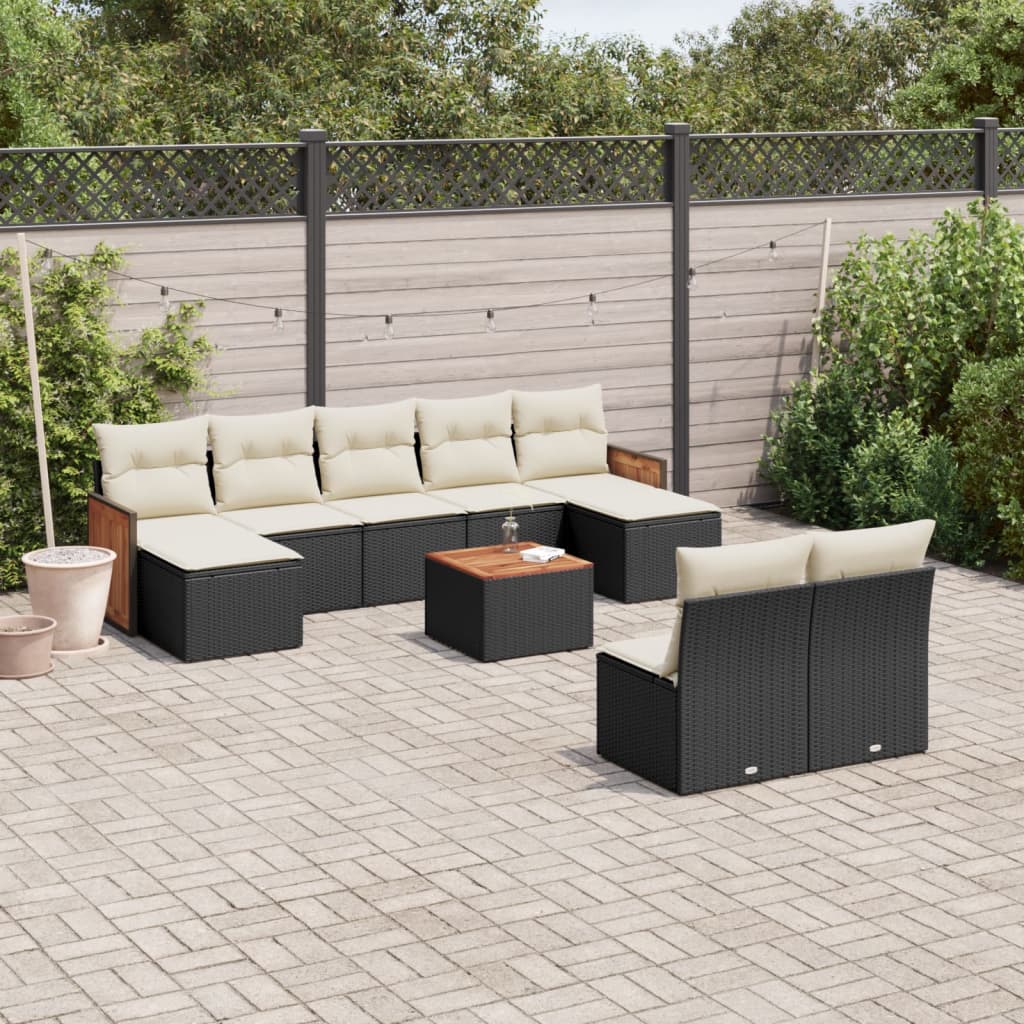 Salon de jardin 10 pcs avec coussins noir résine tressée