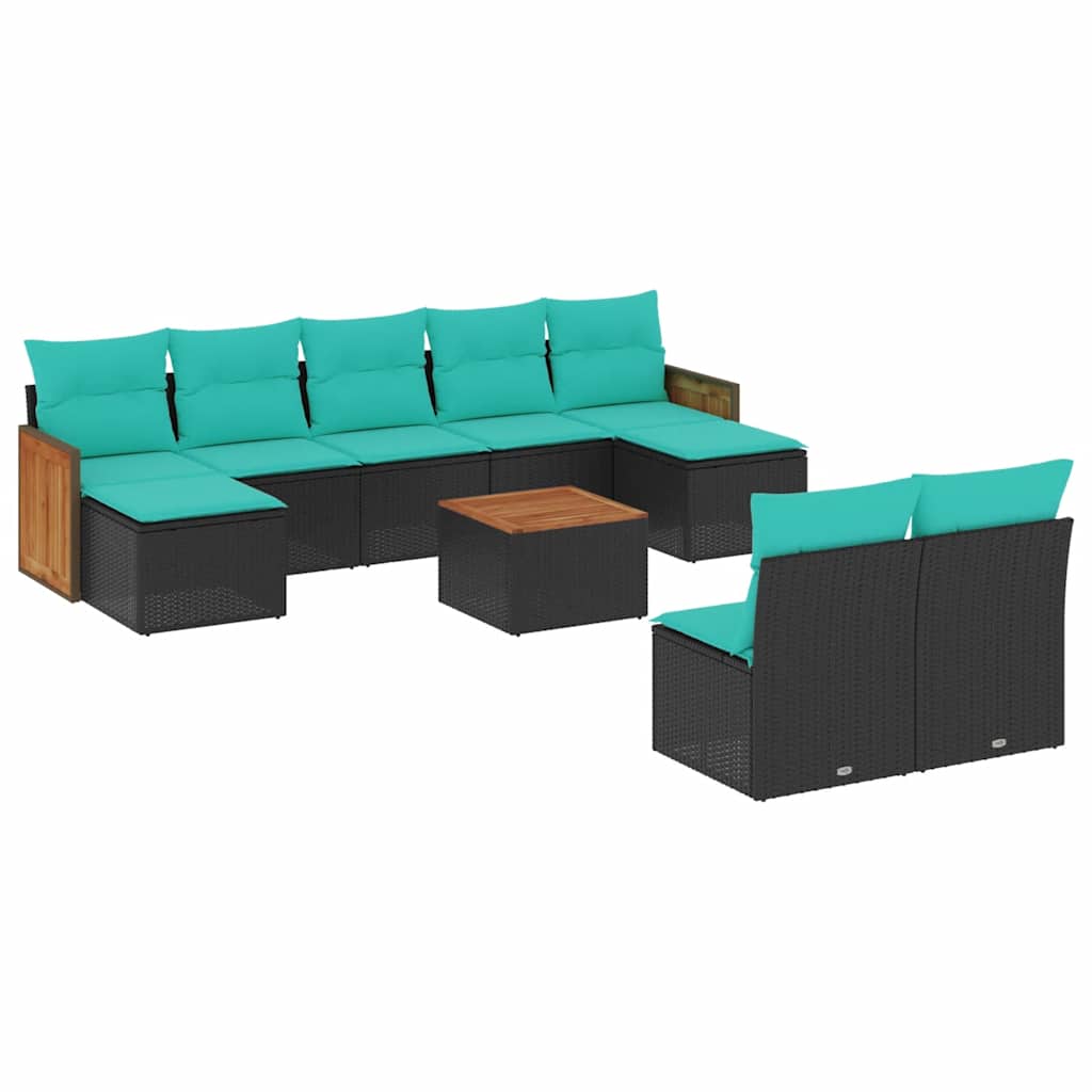 Ensemble de canapé de jardin 10 pcs avec coussins noir résine tressée
