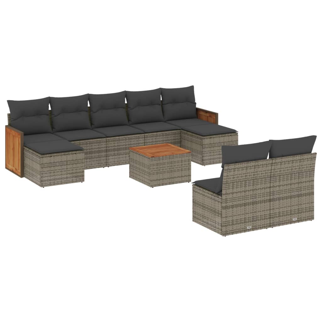 Salon de jardin avec coussins 10 pcs gris résine tressée