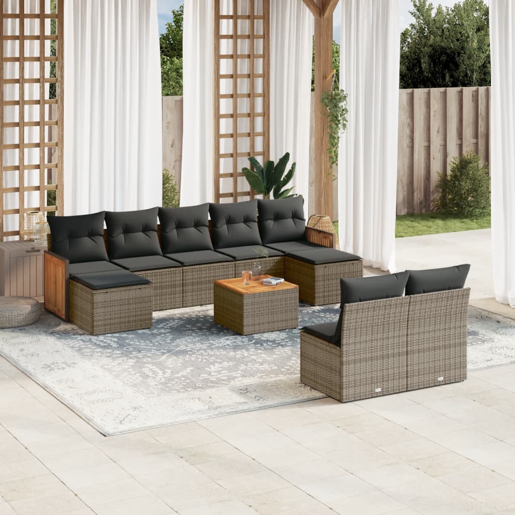 Salon de jardin avec coussins 10 pcs gris résine tressée