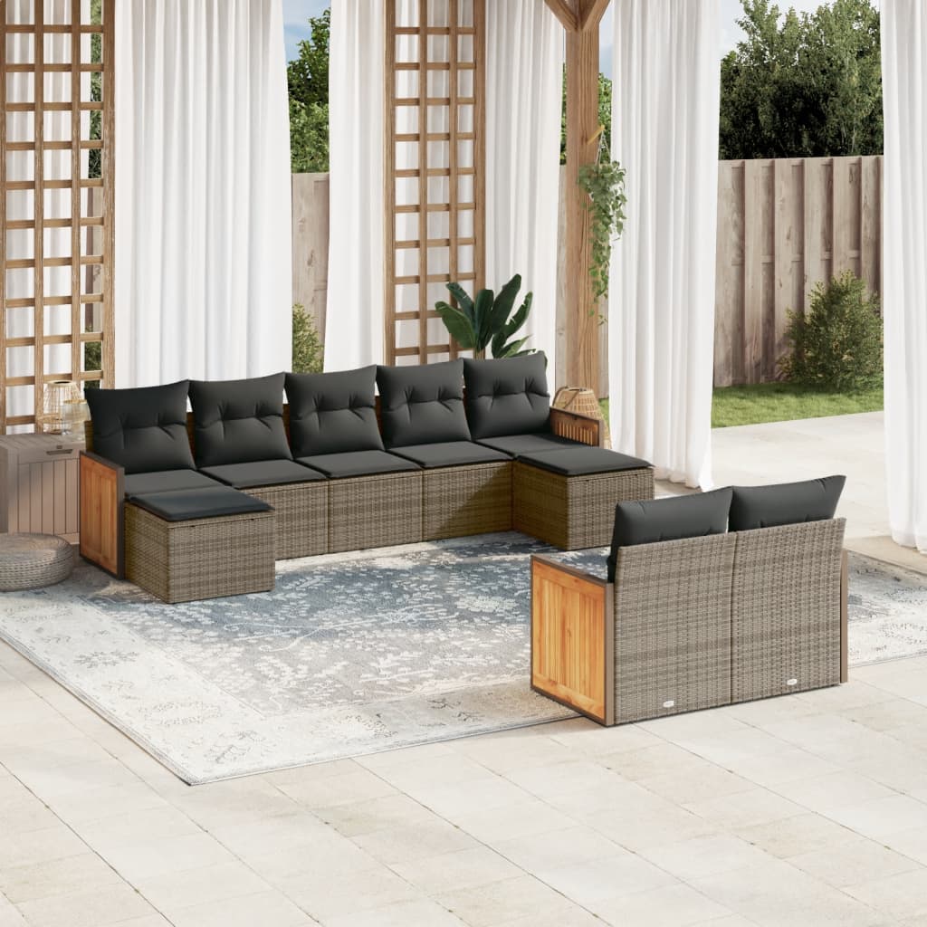 Salon de jardin 9 pcs avec coussins gris résine tressée