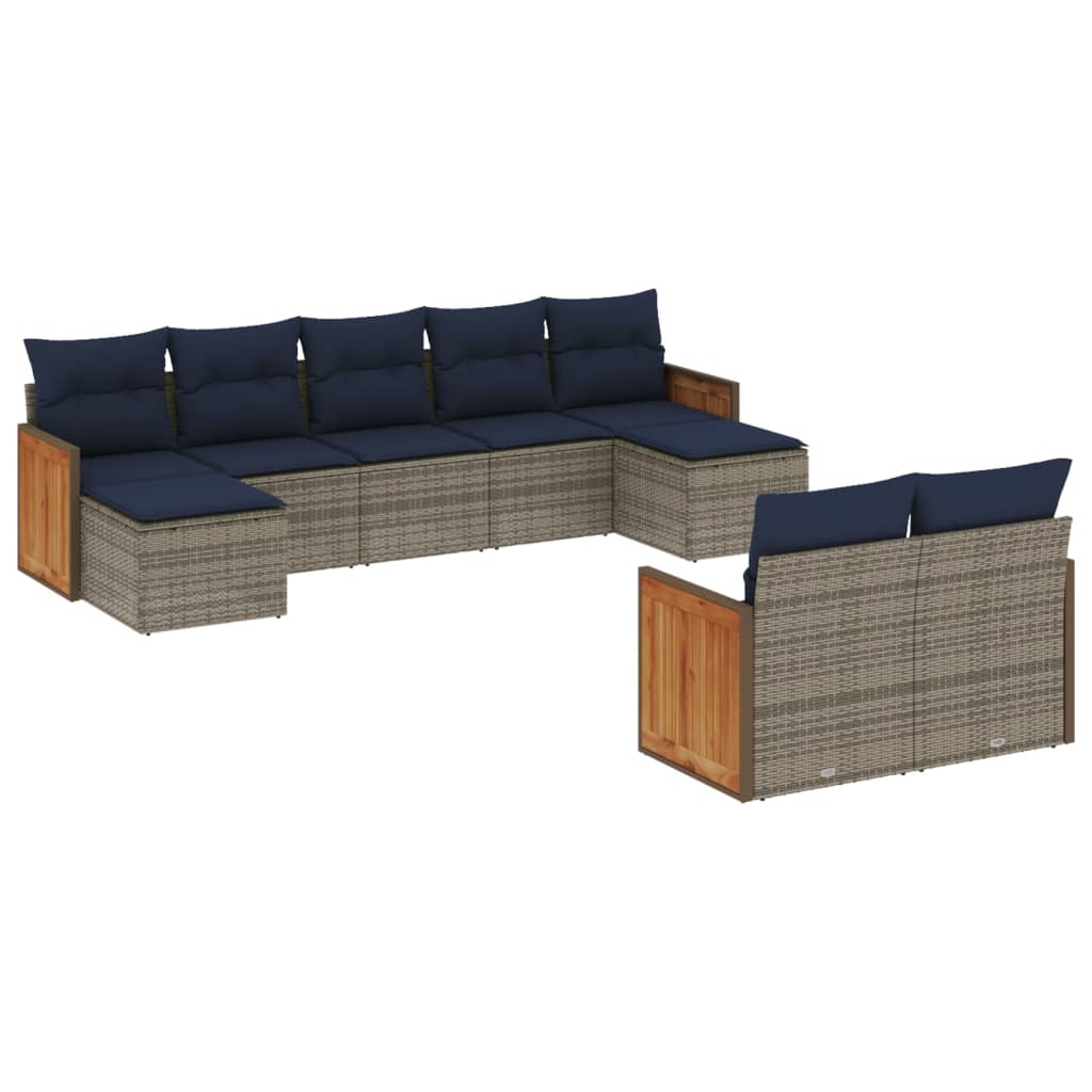 Ensemble de canapé de jardin 9 pcs avec coussins gris résine tressée