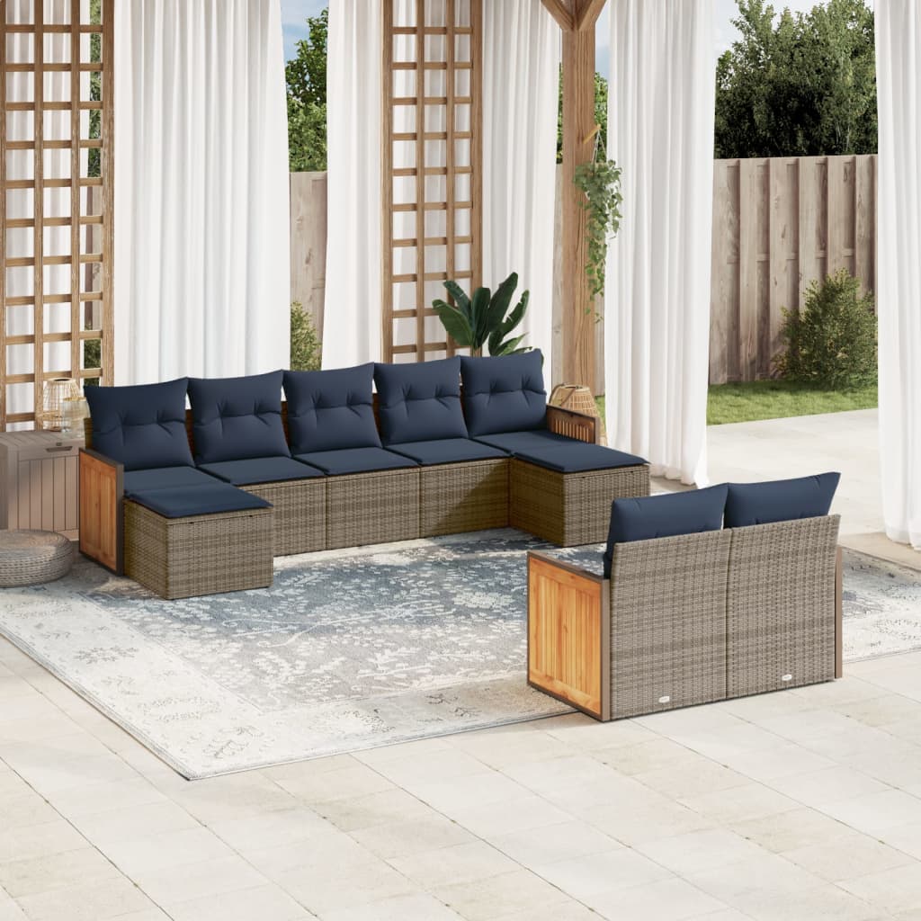 Ensemble de canapé de jardin 9 pcs avec coussins gris résine tressée
