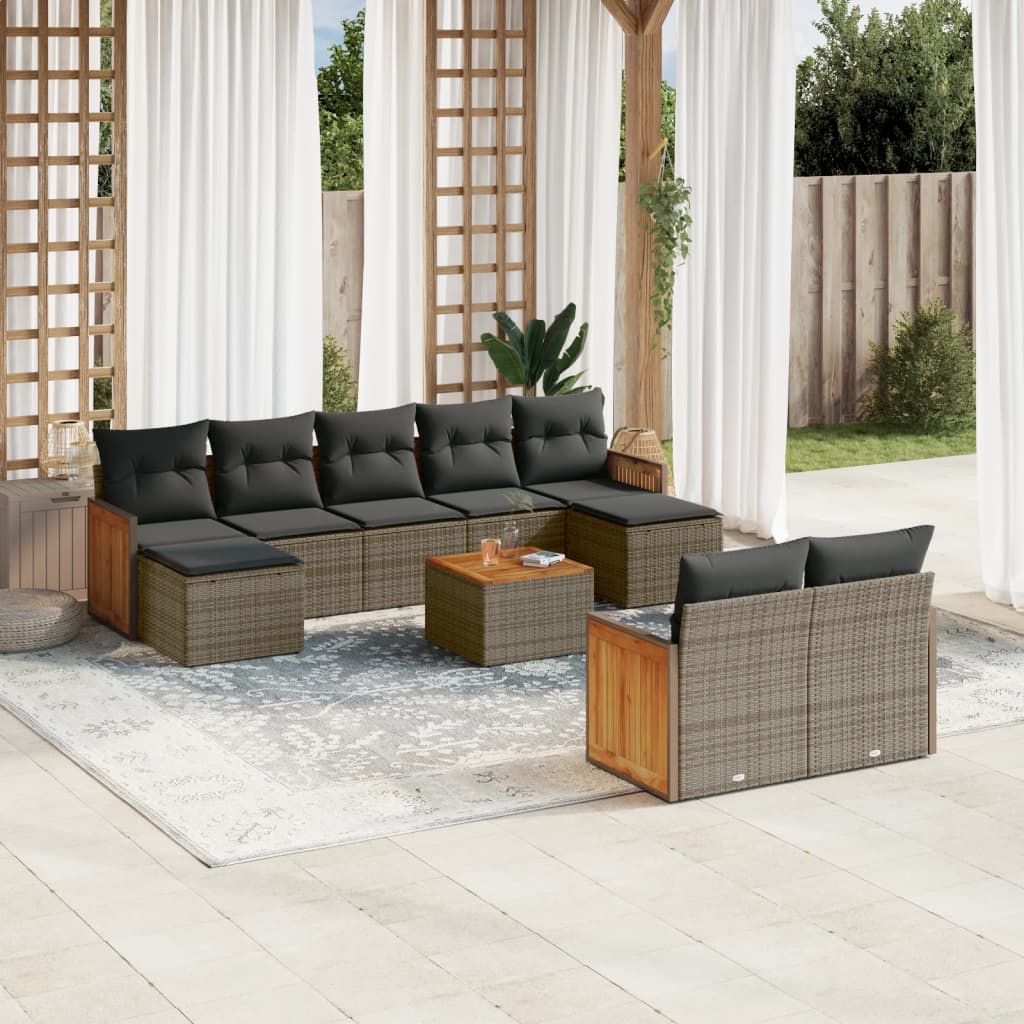 Salon de jardin avec coussins 10 pcs gris résine tressée