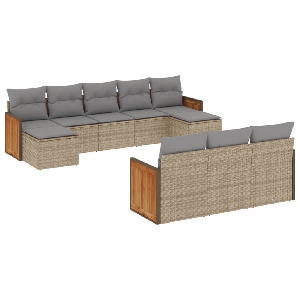 Salon de jardin avec coussins 10 pcs beige résine tressée