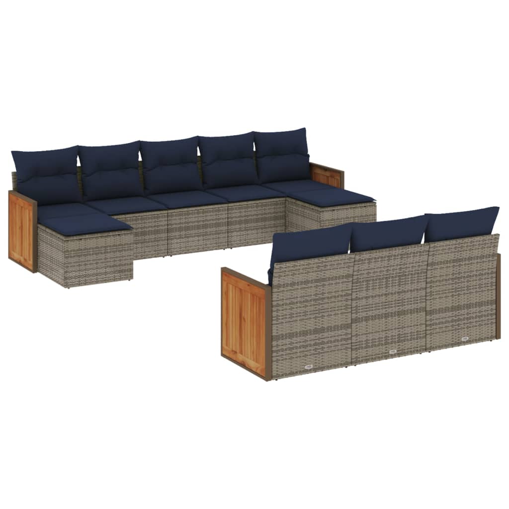 Ensemble de canapé de jardin 10 pcs avec coussins gris résine tressée