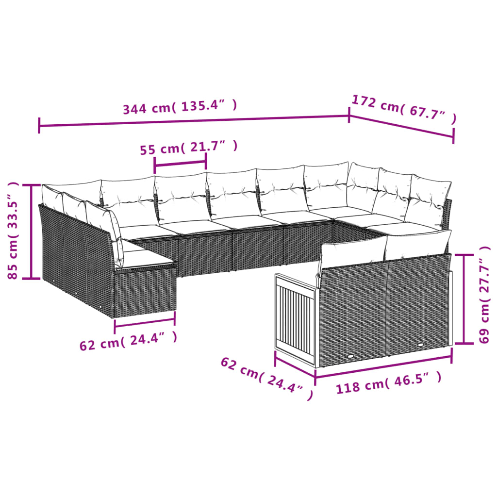 Salon de jardin avec coussins 12 pcs gris résine tressée