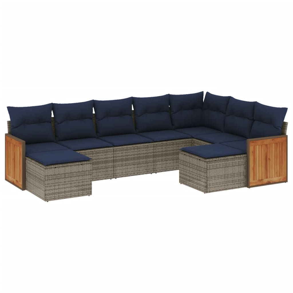 Ensemble de canapé de jardin 9 pcs avec coussins gris résine tressée