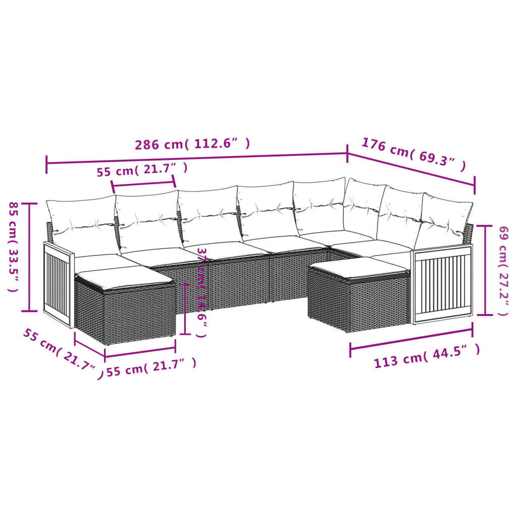 Ensemble de canapé de jardin 9 pcs avec coussins gris résine tressée