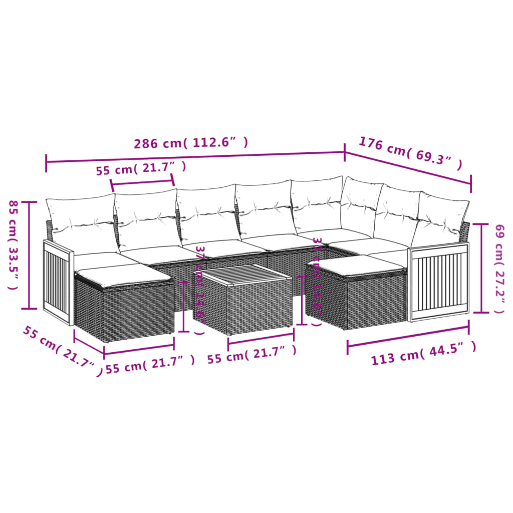 Ensemble de canapé de jardin 10 pcs avec coussins gris résine tressée