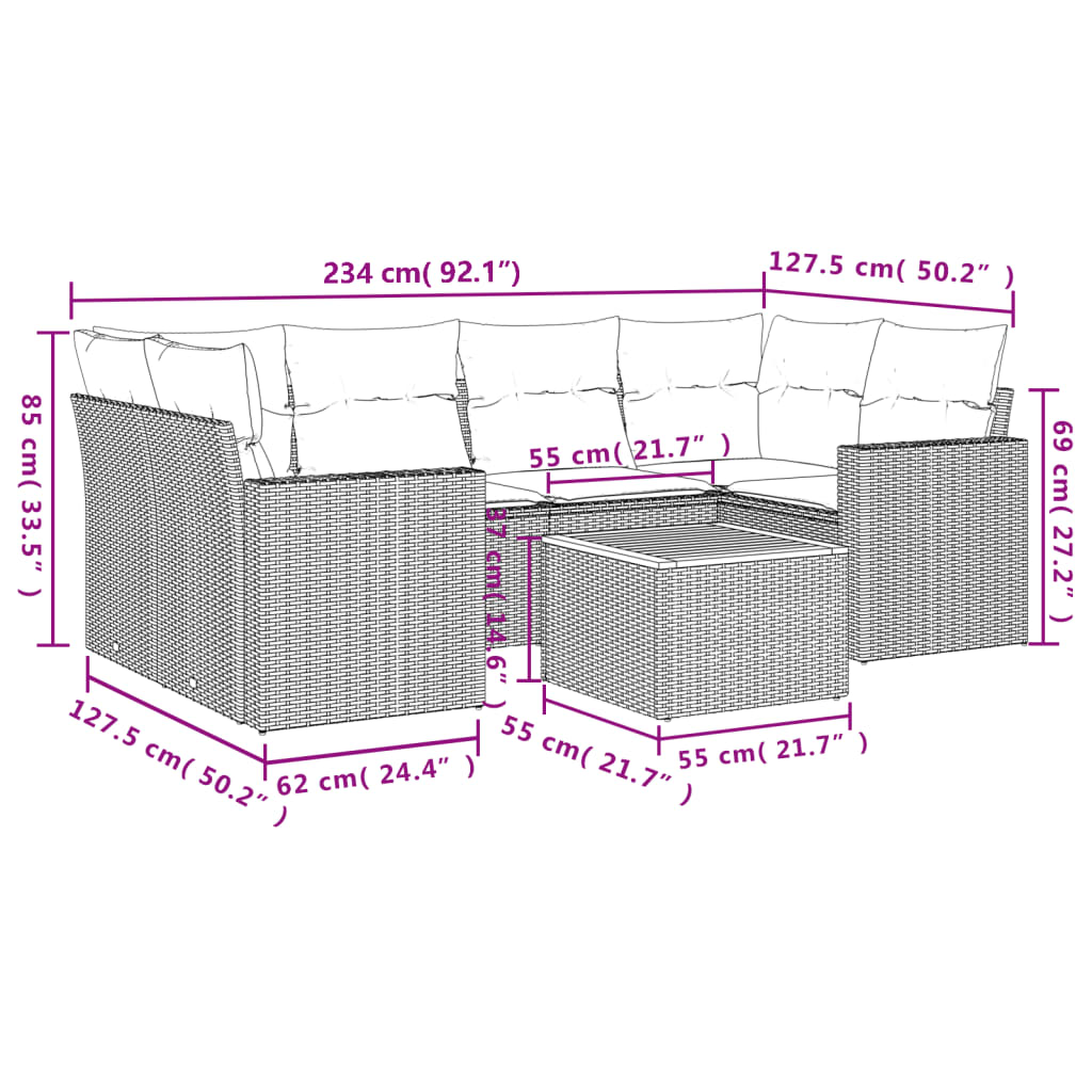 Salon de jardin avec coussins 7 pcs gris résine tressée