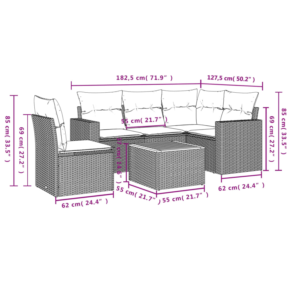 Salon de jardin 6 pcs avec coussins noir résine tressée