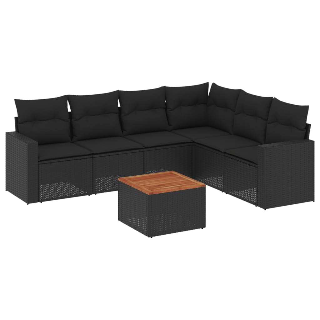 Salon de jardin 7 pcs avec coussins noir résine tressée