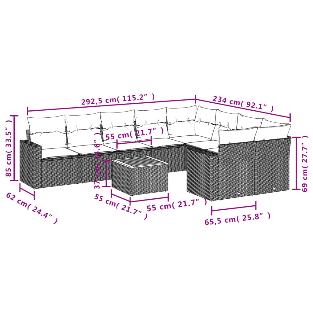 Salon de jardin avec coussins 10 pcs beige résine tressée Éléments pour canapés modulables de jardin vidaXL