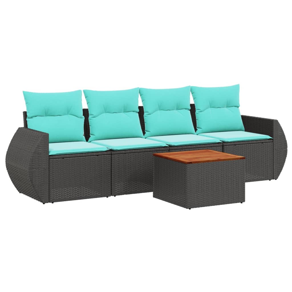 Ensemble de canapé de jardin 5 pcs avec coussins noir résine tressée