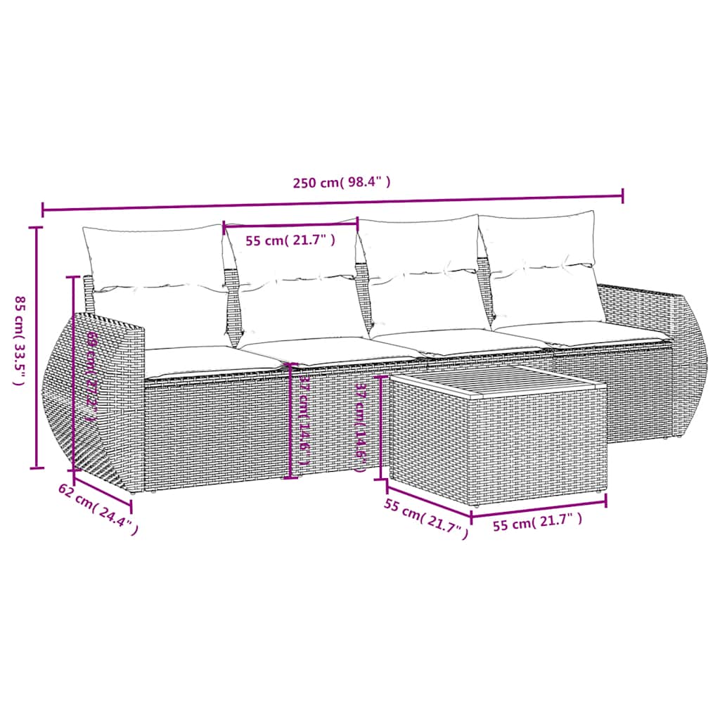 Ensemble de canapé de jardin 5 pcs avec coussins gris résine tressée