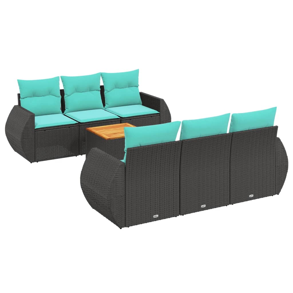 Ensemble de canapé de jardin 7 pcs avec coussins noir résine tressée