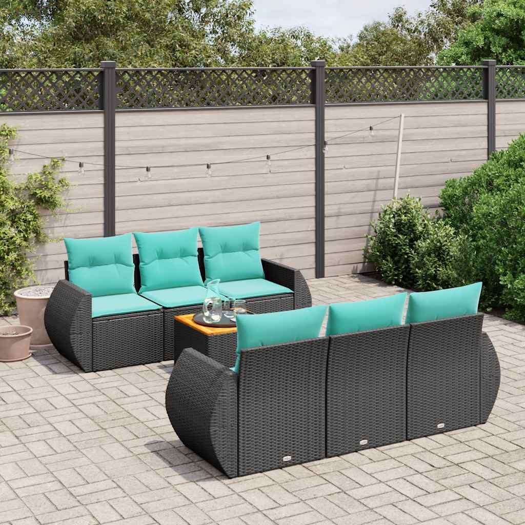 Ensemble de canapé de jardin 7 pcs avec coussins noir résine tressée