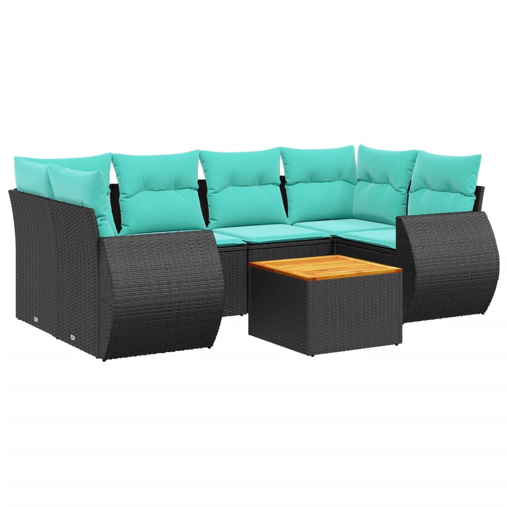 Ensemble de canapé de jardin 7 pcs avec coussins noir résine tressée