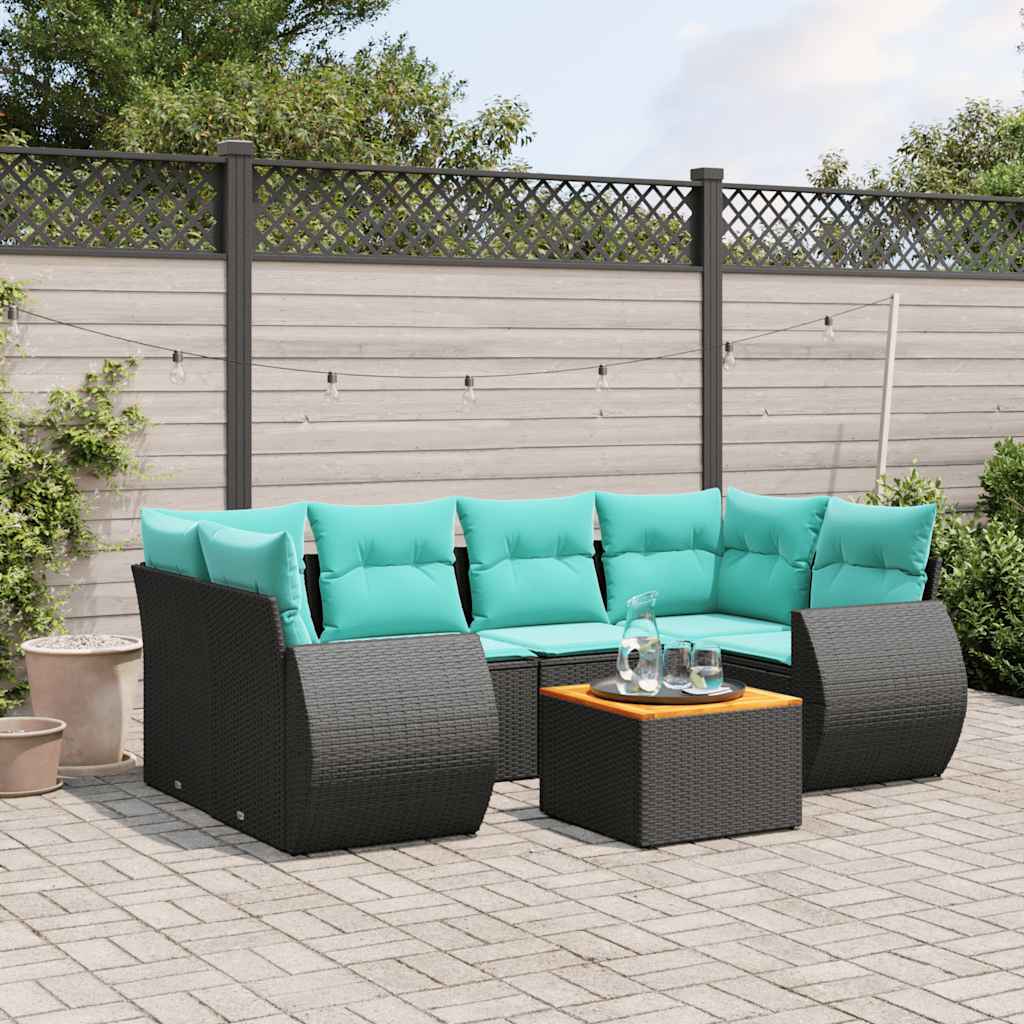 Ensemble de canapé de jardin 7 pcs avec coussins noir résine tressée