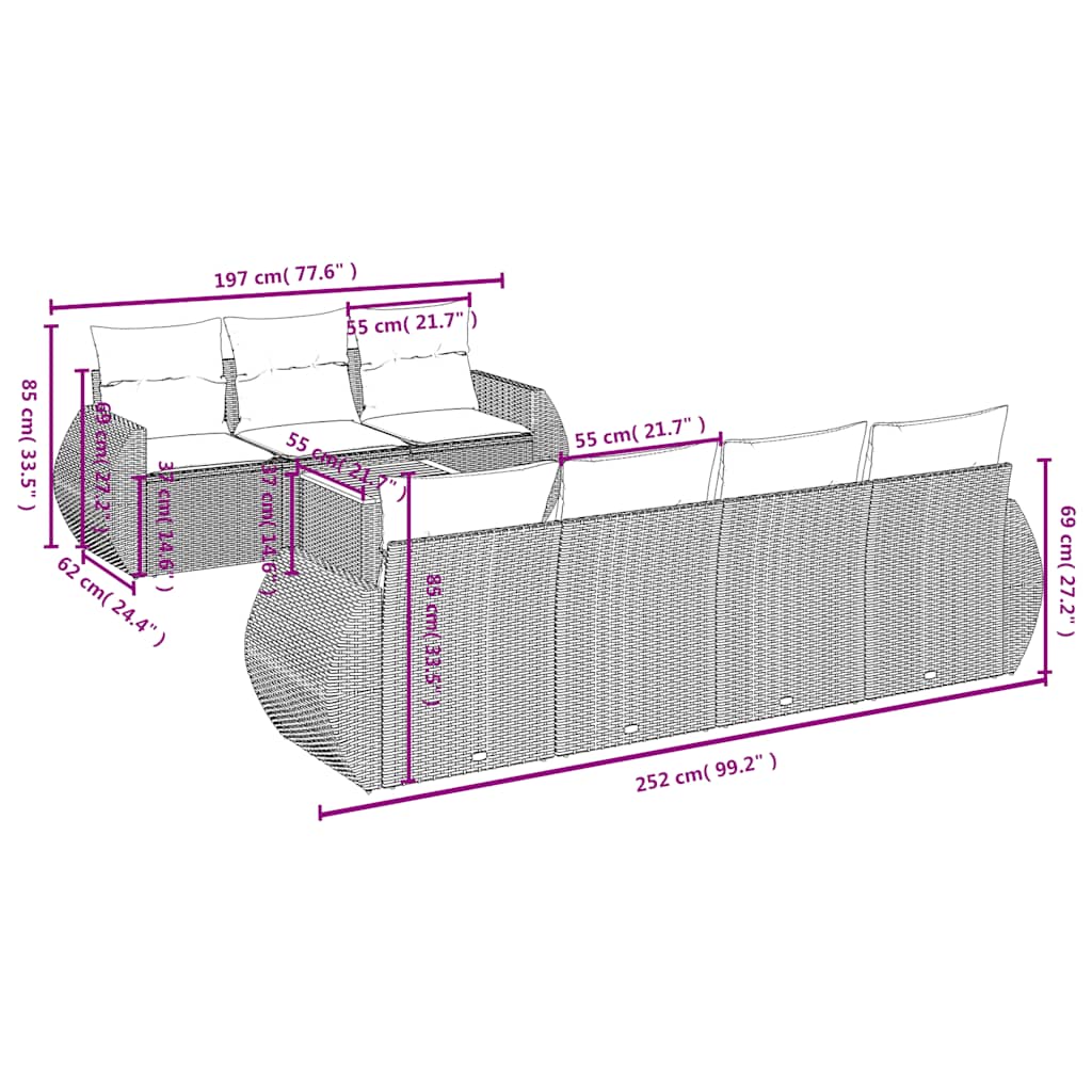 Ensemble de canapé de jardin 8 pcs avec coussins gris résine tressée