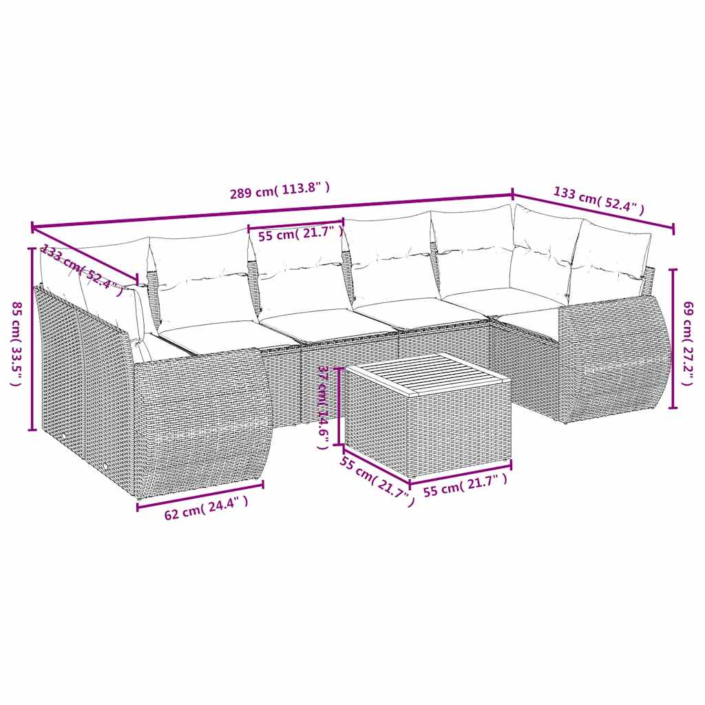 Ensemble de canapé de jardin 8 pcs avec coussins noir résine tressée