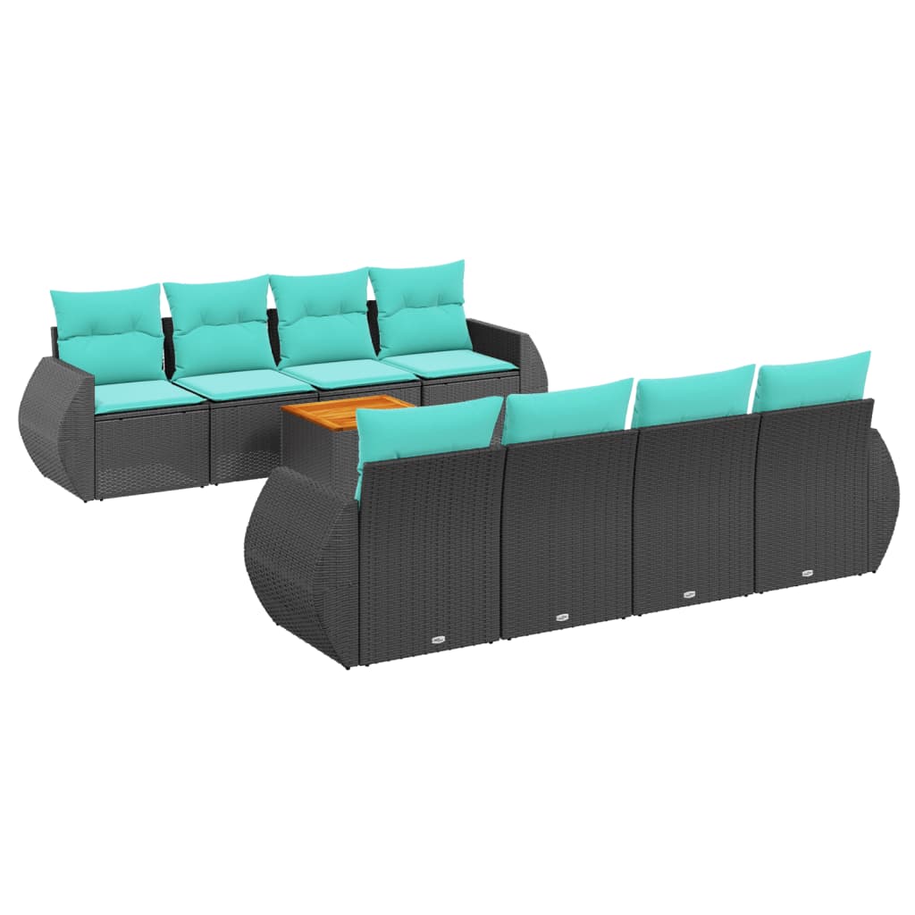 Ensemble de canapé de jardin 9 pcs avec coussins noir résine tressée