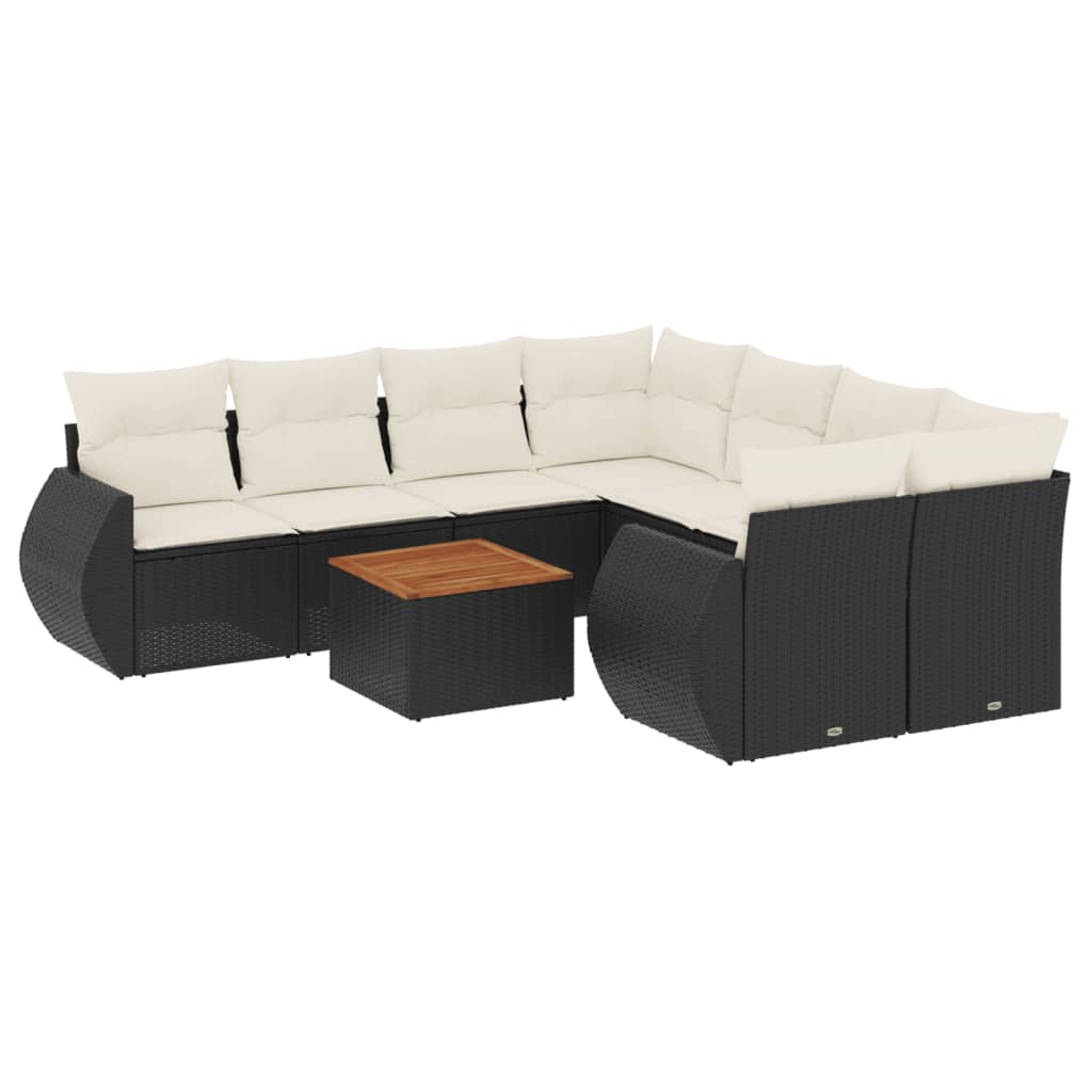 Salon de jardin 9 pcs avec coussins noir résine tressée