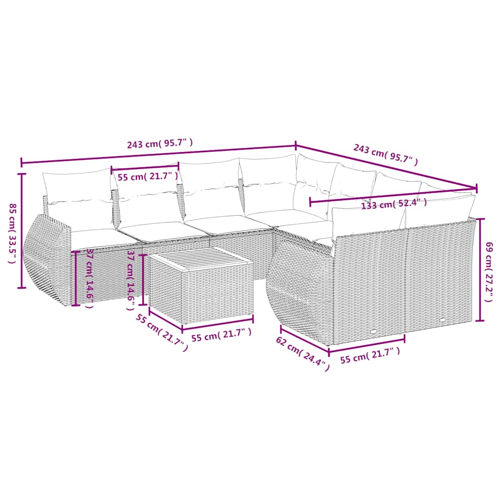 Ensemble de canapé de jardin 9 pcs avec coussins noir résine tressée