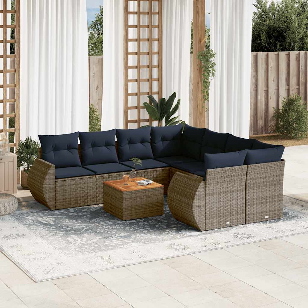 Ensemble de canapé de jardin 9 pcs avec coussins gris résine tressée