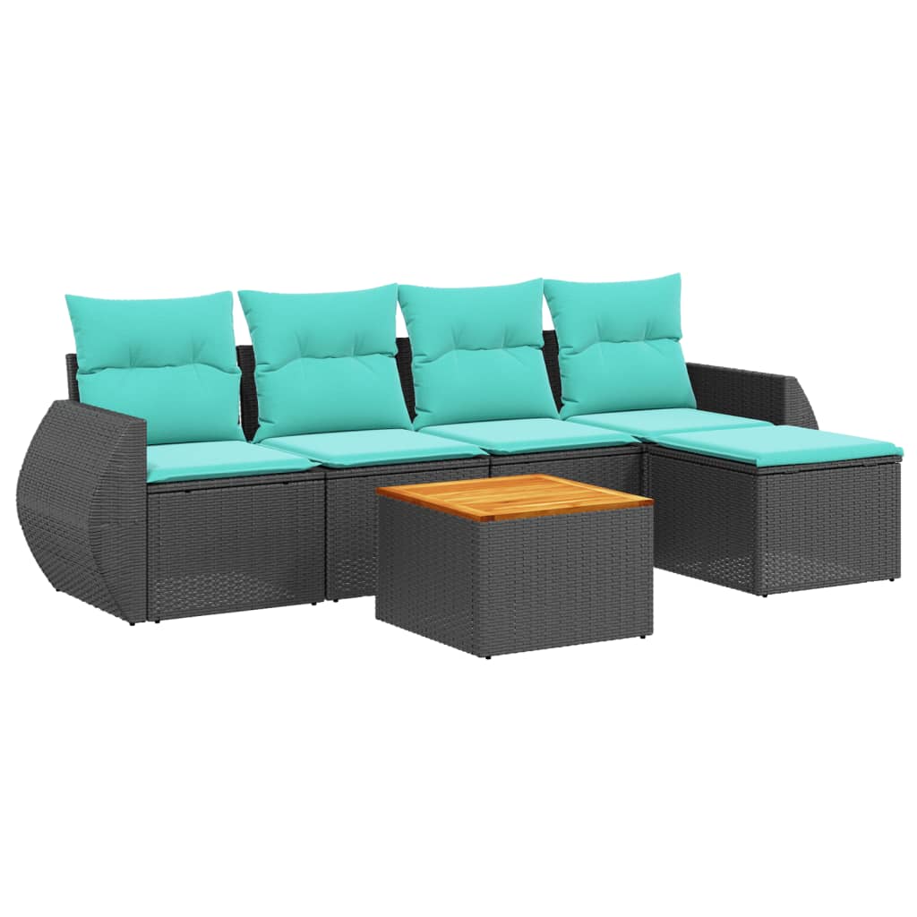 Ensemble de canapé de jardin 6 pcs avec coussins noir résine tressée