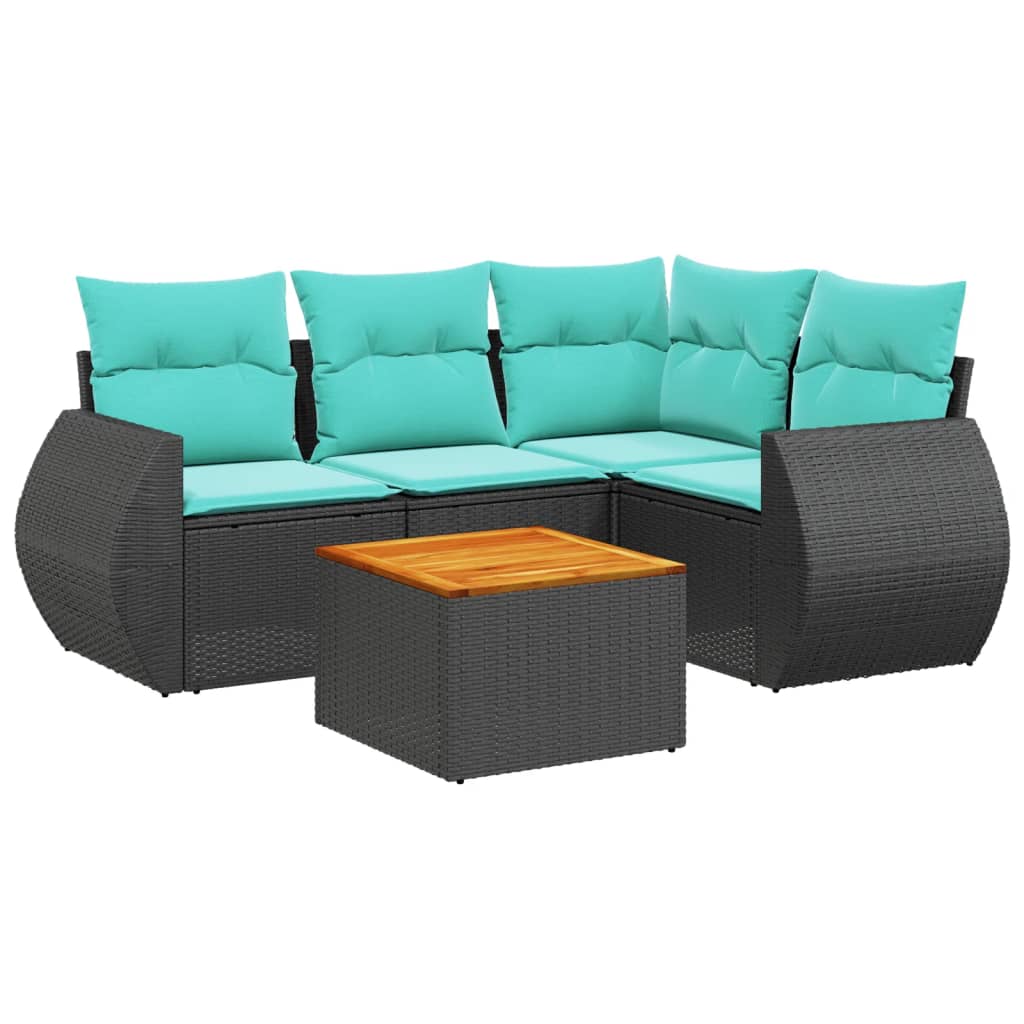 Ensemble de canapé de jardin 5 pcs avec coussins noir résine tressée