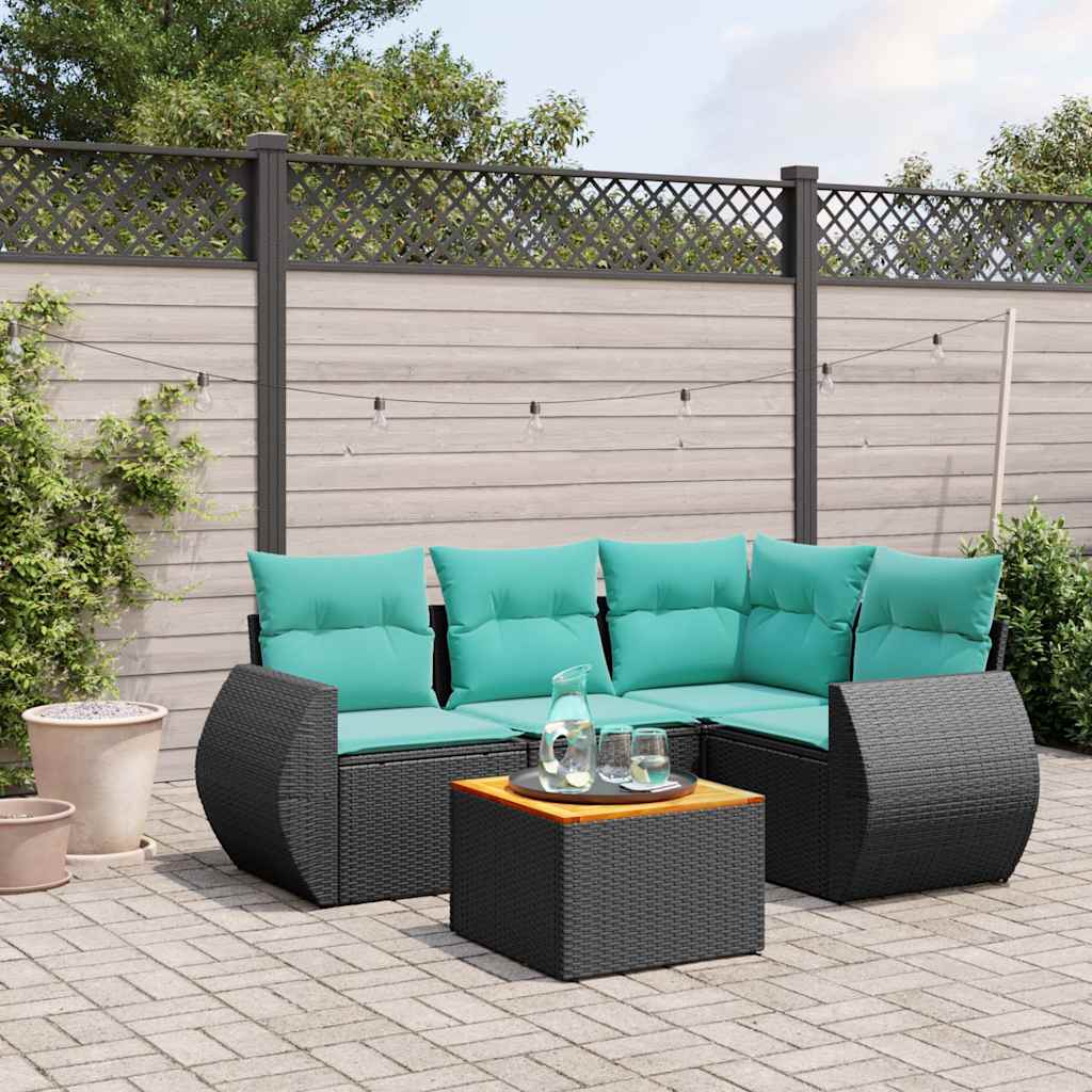 Ensemble de canapé de jardin 5 pcs avec coussins noir résine tressée