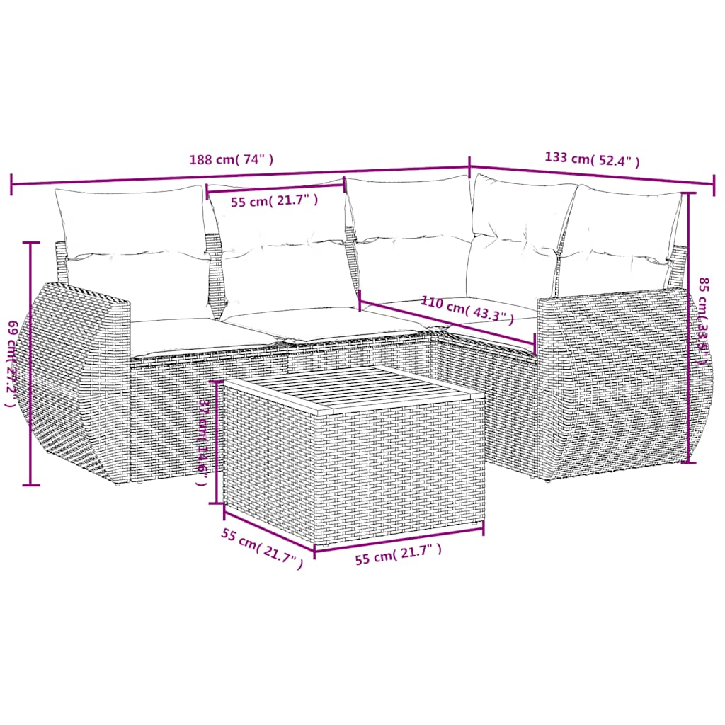 Ensemble de canapé de jardin 5 pcs avec coussins gris résine tressée