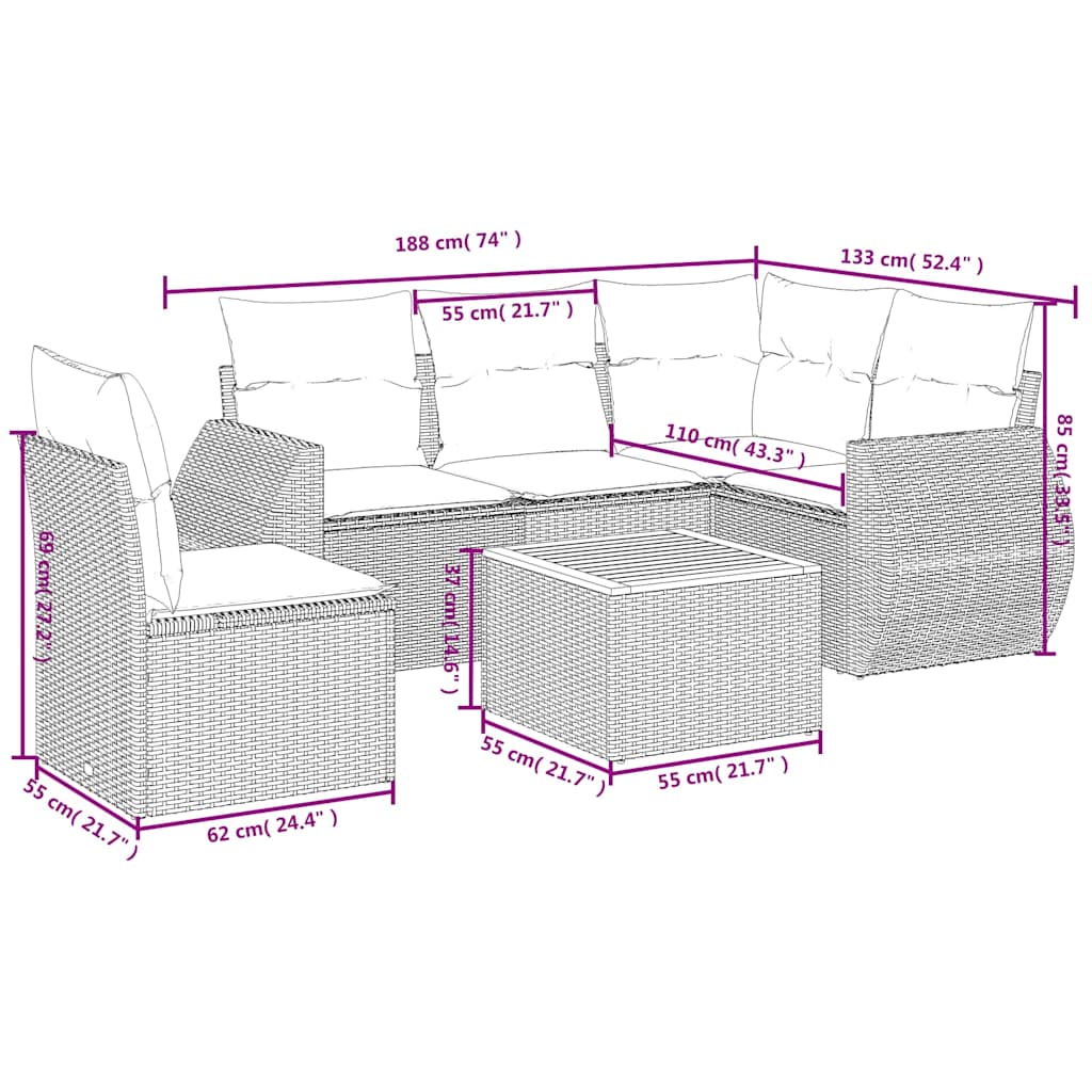 Ensemble de canapé de jardin 6 pcs avec coussins noir résine tressée