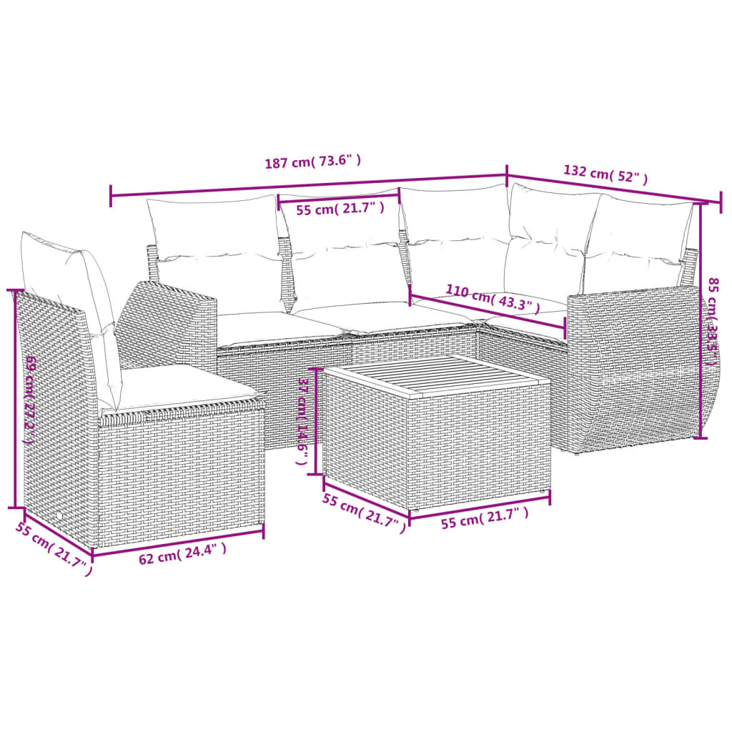 Salon de jardin avec coussins 6 pcs beige résine tressée