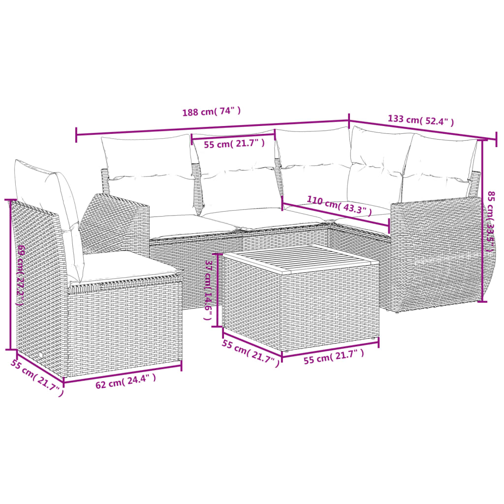 Ensemble de canapé de jardin 6 pcs avec coussins gris résine tressée