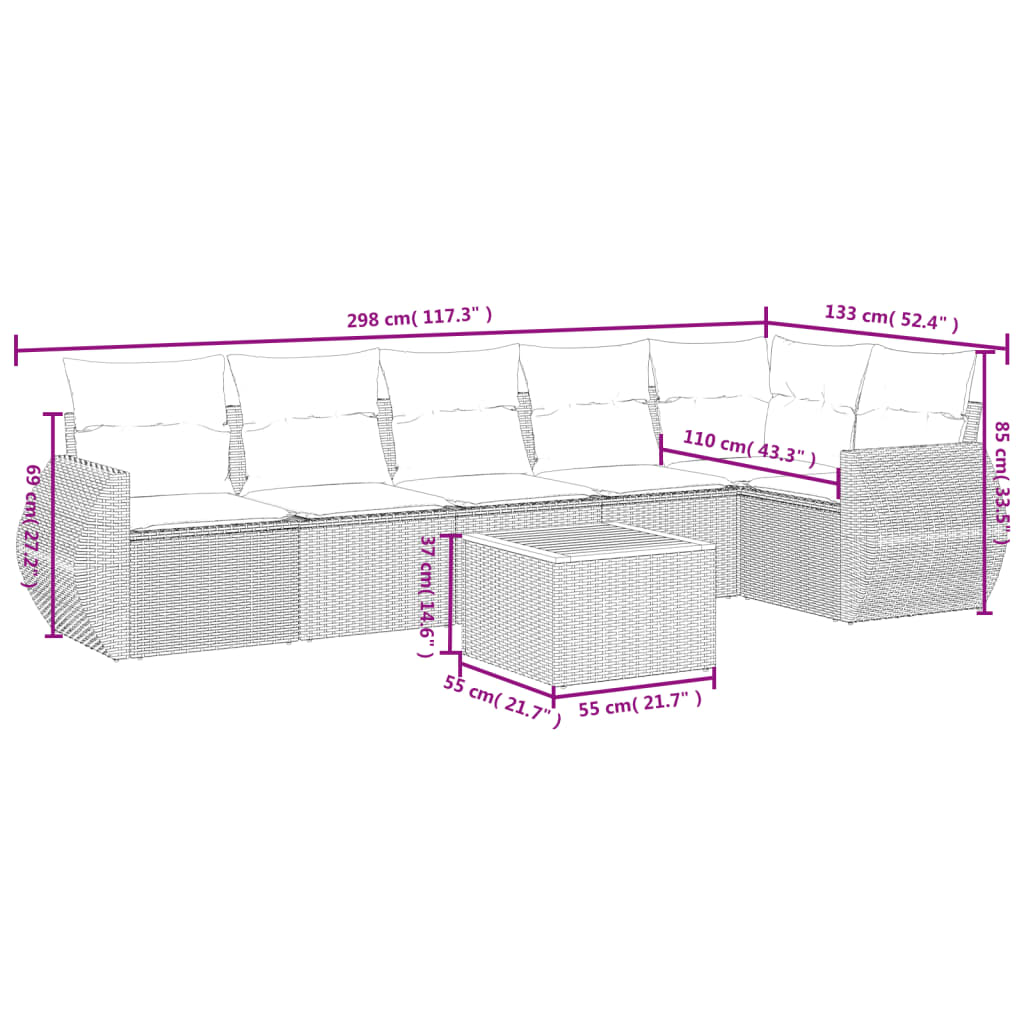 Ensemble de canapé de jardin 7 pcs avec coussins gris résine tressée