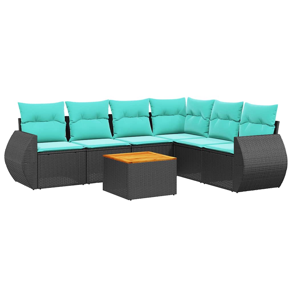 Ensemble de canapé de jardin 7 pcs avec coussins noir résine tressée