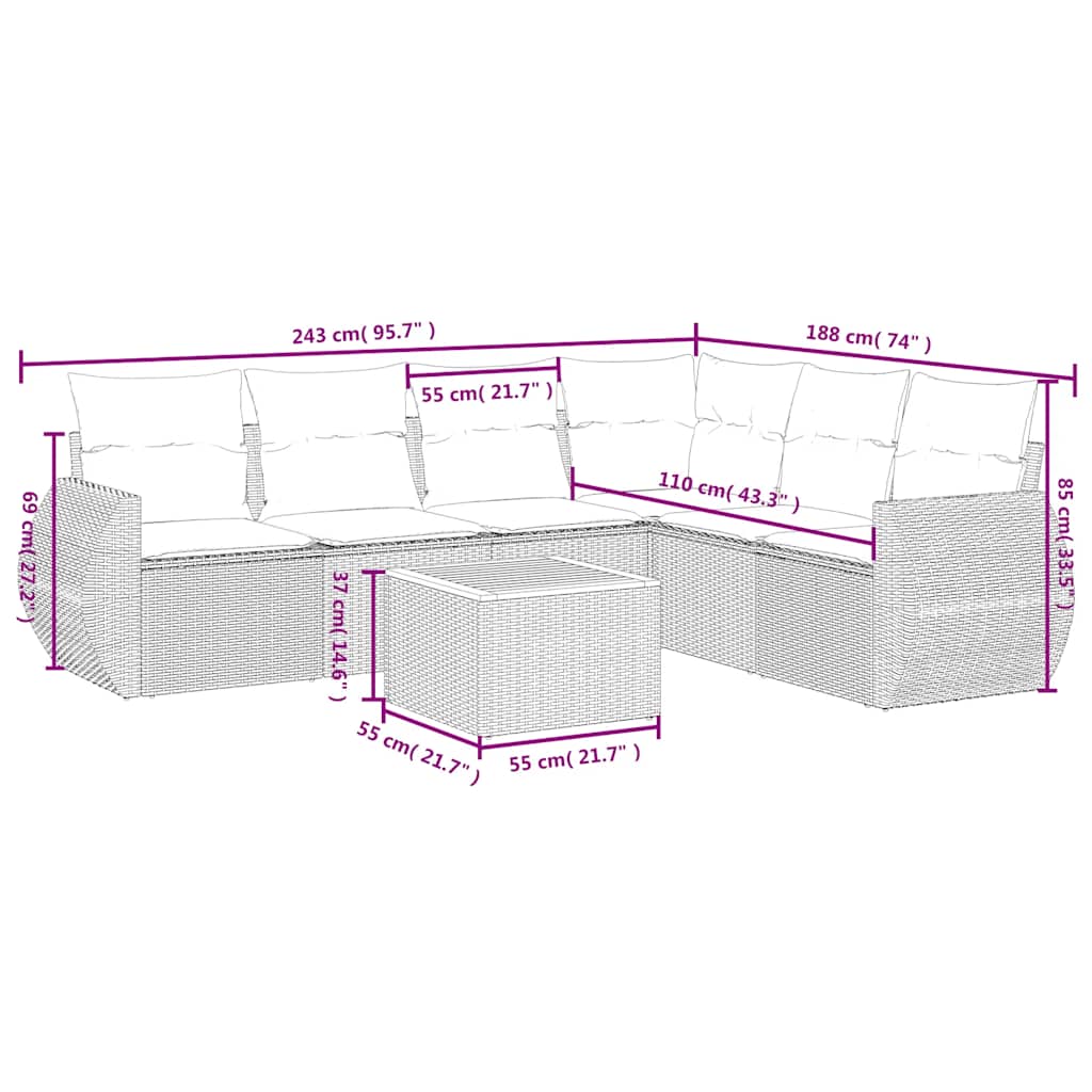 Ensemble de canapé de jardin 7 pcs avec coussins noir résine tressée