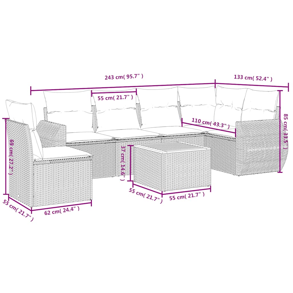 Ensemble de canapé de jardin 7 pcs avec coussins noir résine tressée