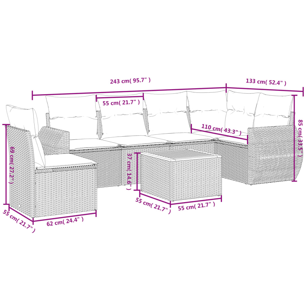 Ensemble de canapé de jardin 7 pcs avec coussins gris résine tressée
