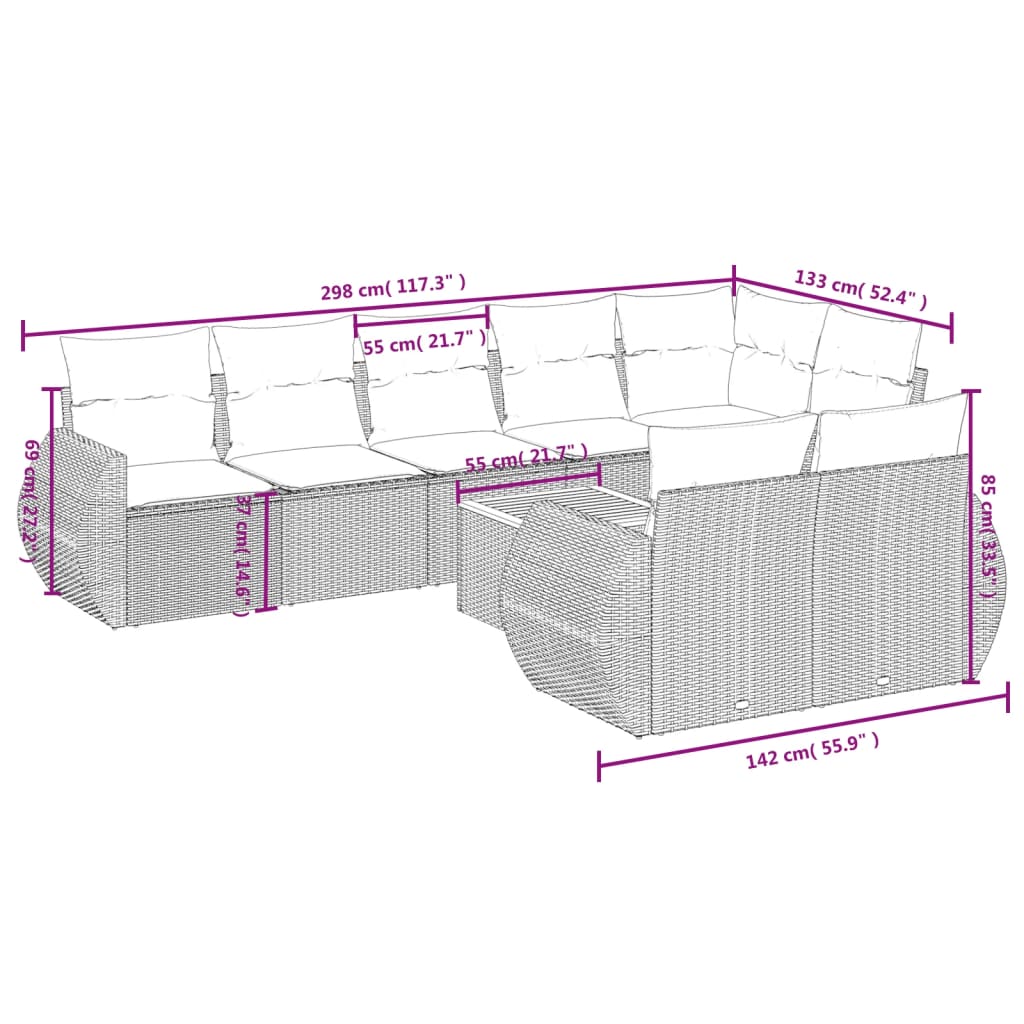 Ensemble de canapé de jardin 9 pcs avec coussins gris résine tressée