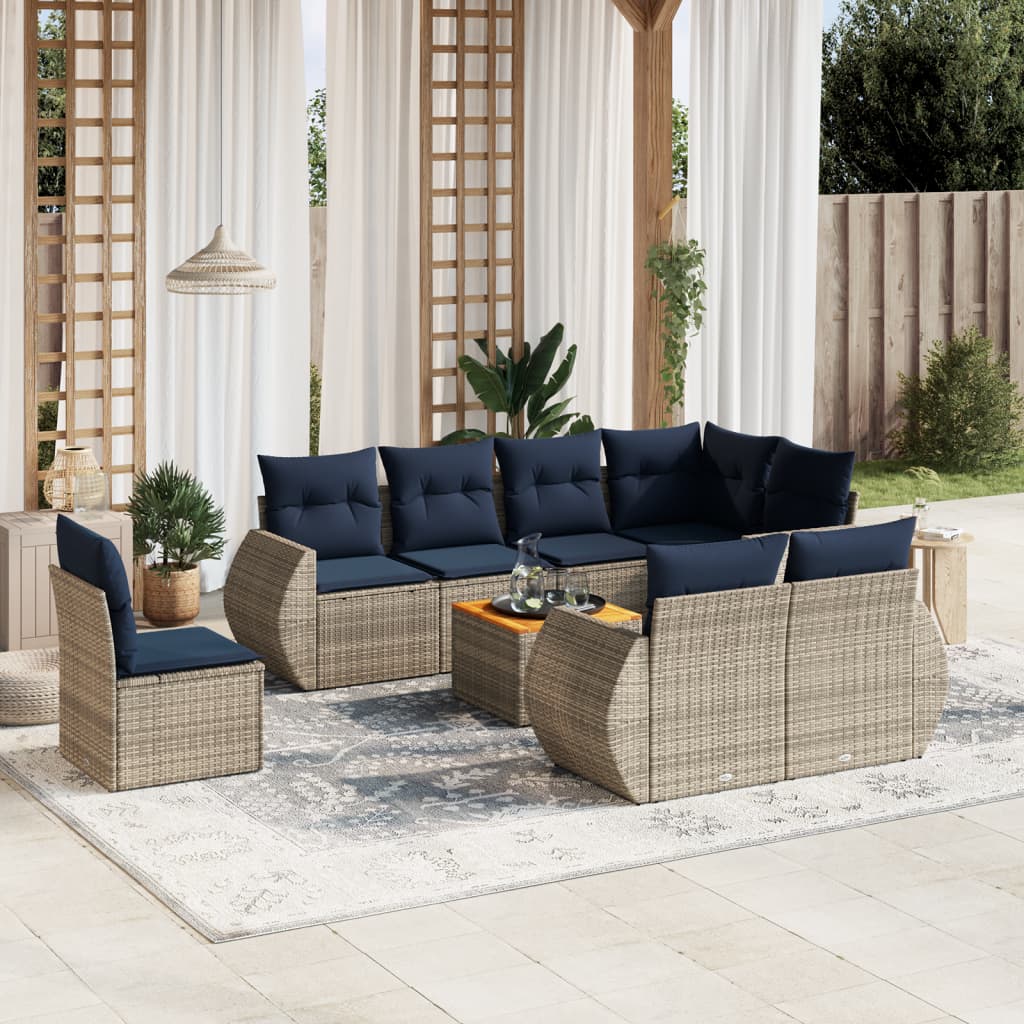 Ensemble de canapé de jardin 9 pcs avec coussins gris résine tressée