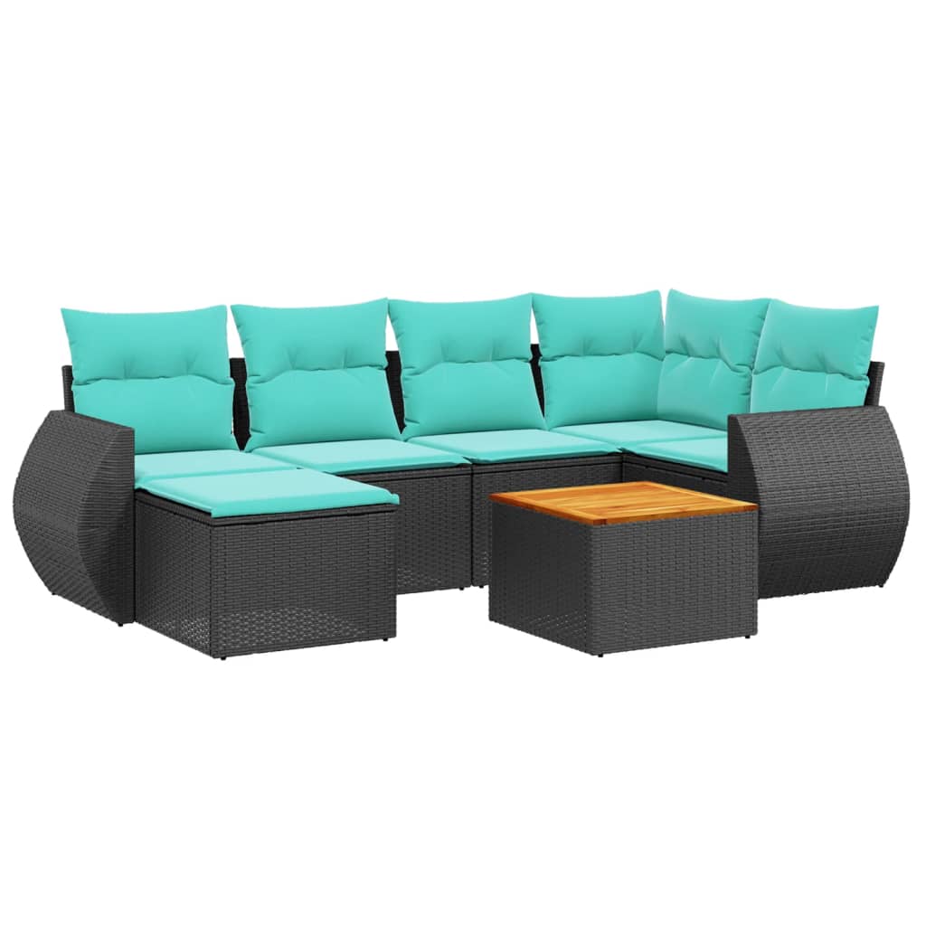 Ensemble de canapé de jardin 7 pcs avec coussins noir résine tressée
