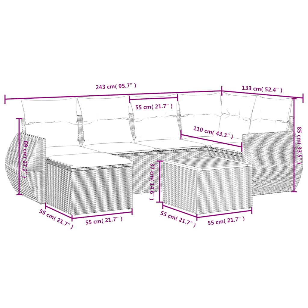 Ensemble de canapé de jardin 7 pcs avec coussins noir résine tressée