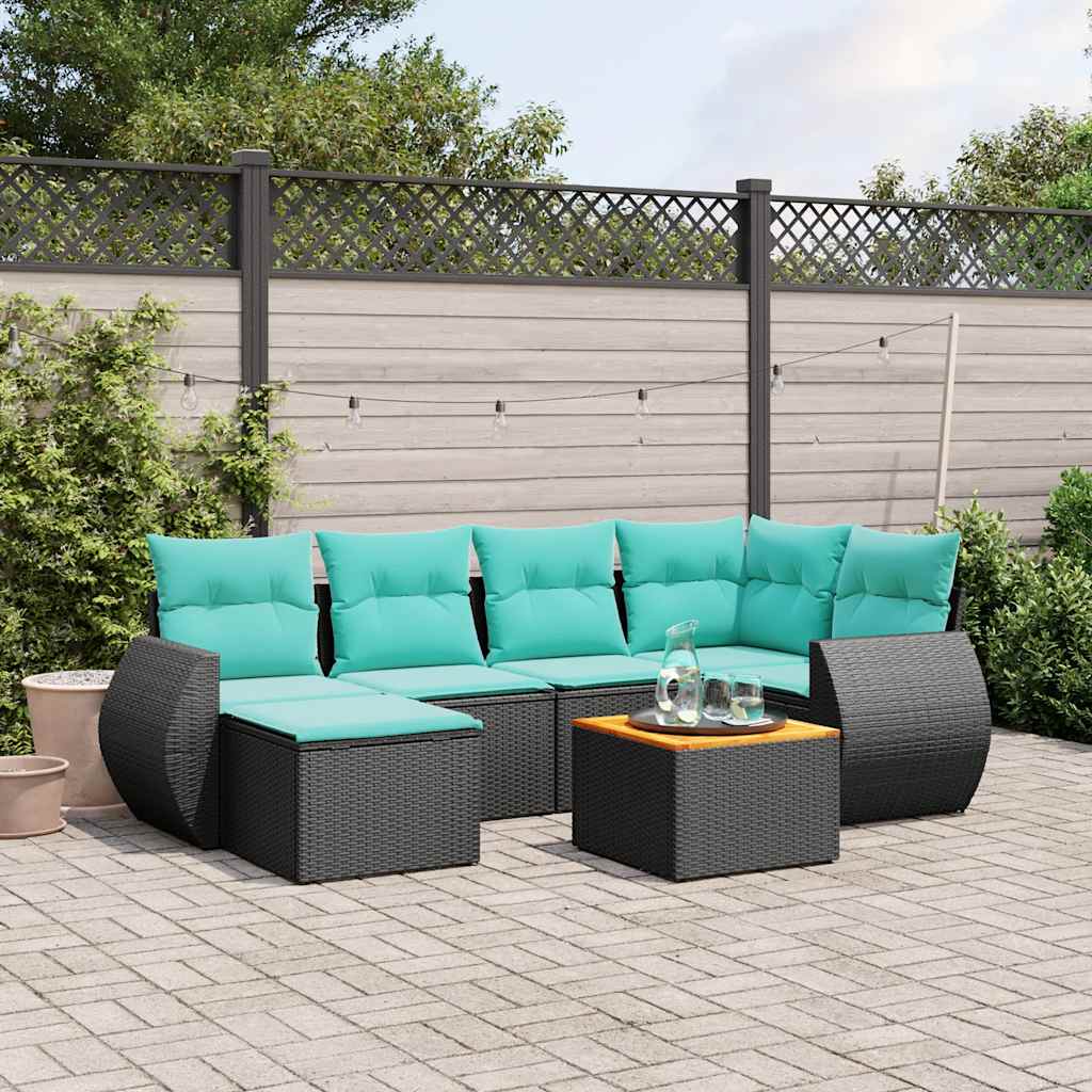 Ensemble de canapé de jardin 7 pcs avec coussins noir résine tressée