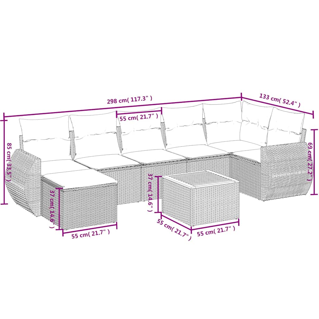 Ensemble de canapé de jardin 8 pcs avec coussins noir résine tressée